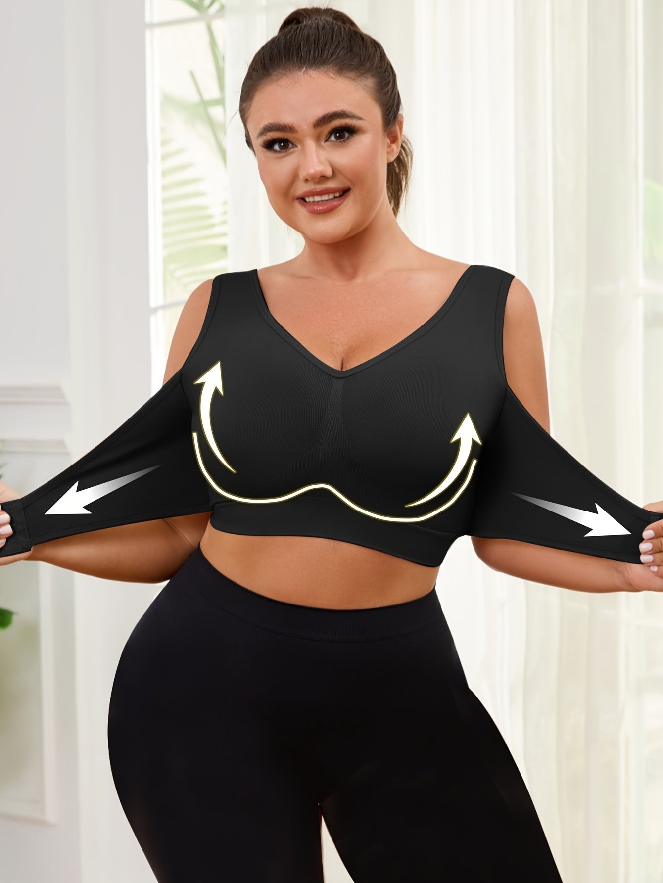 Plus Size Adjustable Seamless Sports Bra Black Breathable V-Neck Gym