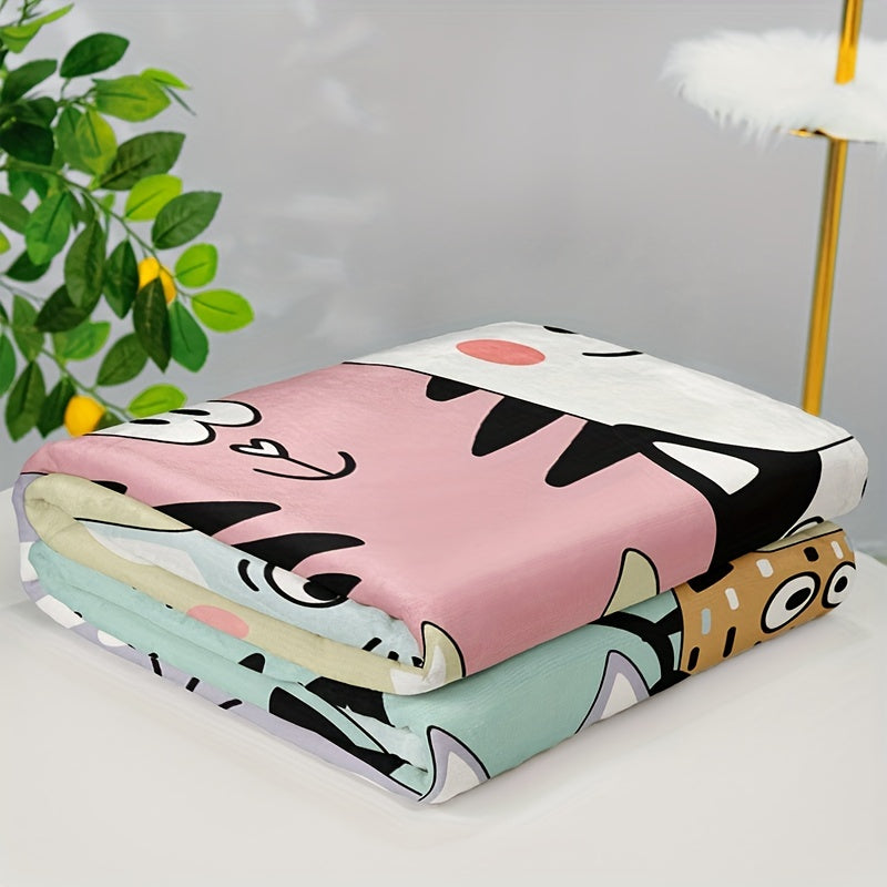 Soft Warm Cartoon Cat Animal Letter Print Flannel Blanket for All Seasons
