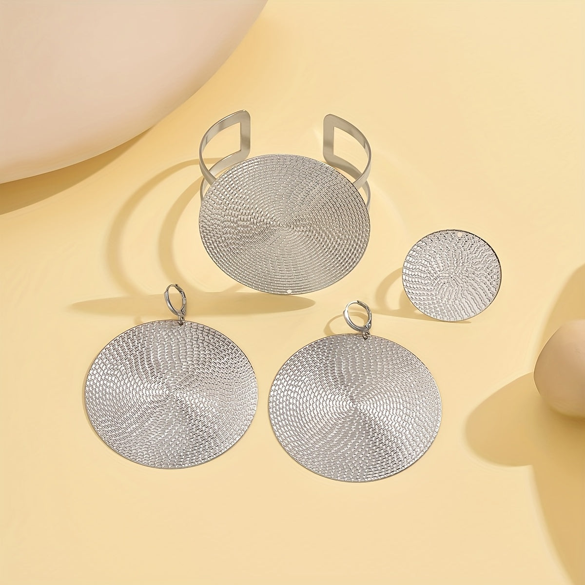 Retro Chic 4-Piece Jewelry Set Oversized Disc Earrings Ring Bracelet Iron Unplated Statement Accessories