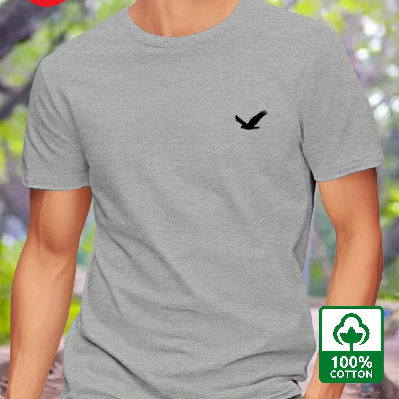Men's Cotton T-Shirt with Bird Print Regular Fit Round Neck Short Sleeve