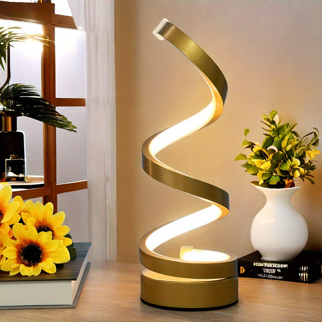 Spiral LED Desk Lamp Adjustable Brightness USB-Powered Metal Art for Bedroom Study Living Room