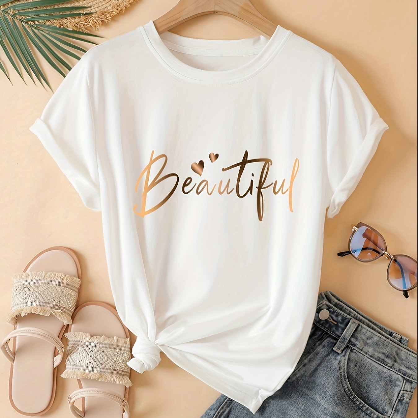 Women's Loose Fit Letter Print T-Shirt Crew Neck Short Sleeve Polyester Knit Spring Summer Autumn