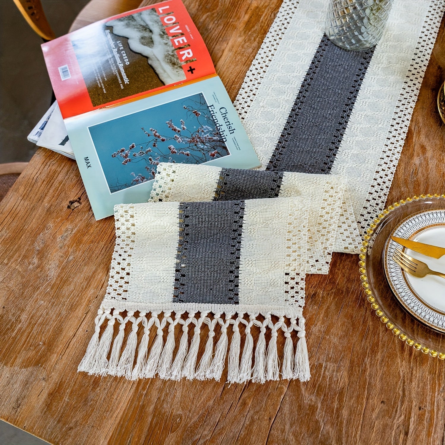 Boho Farmhouse Style Polyester Table Runner with Brown Macrame and Tassels for Holiday and Wedding Decor
