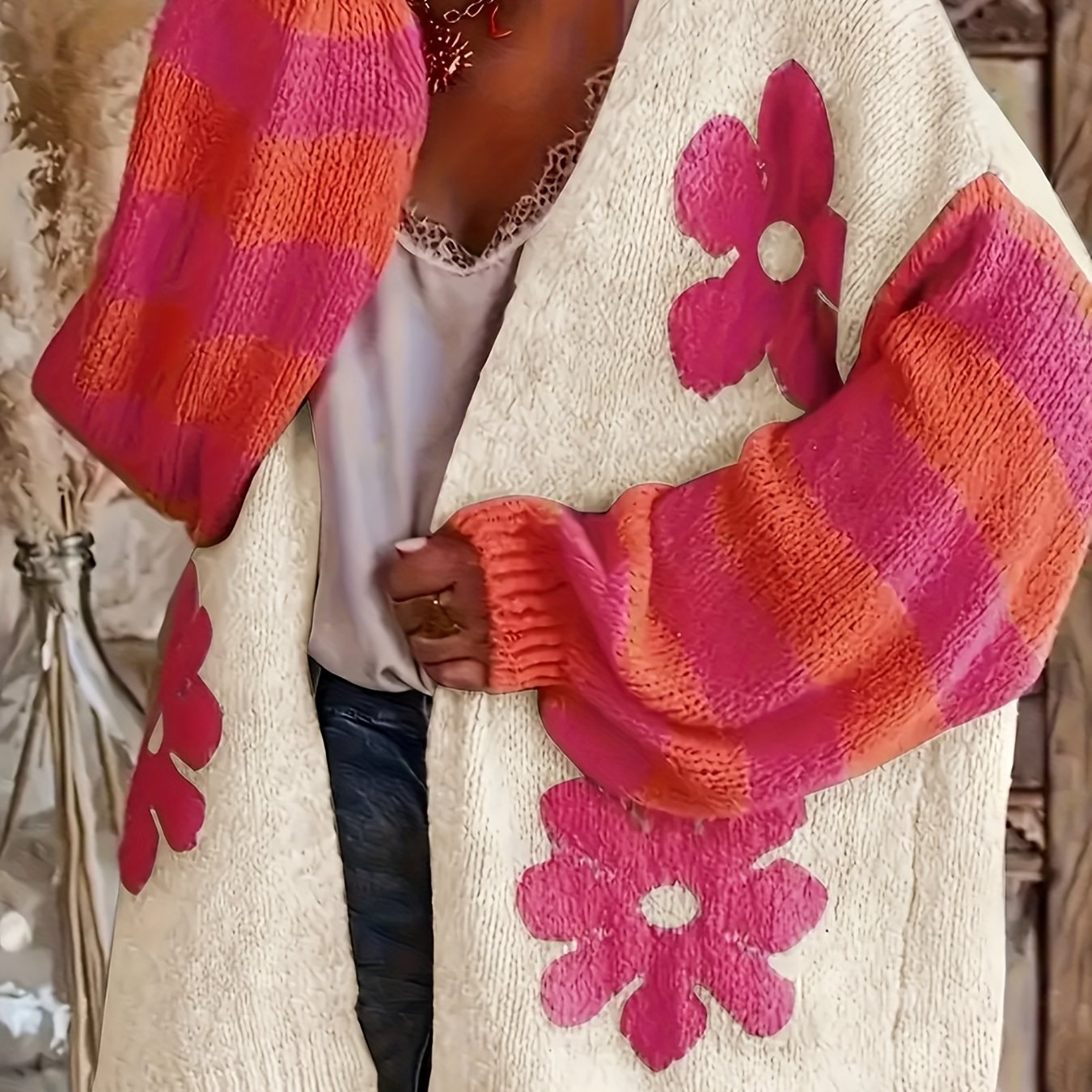 Women's Floral Jacquard V-Neck Cardigan Casual Loose Midi Lantern Sleeve Sweater