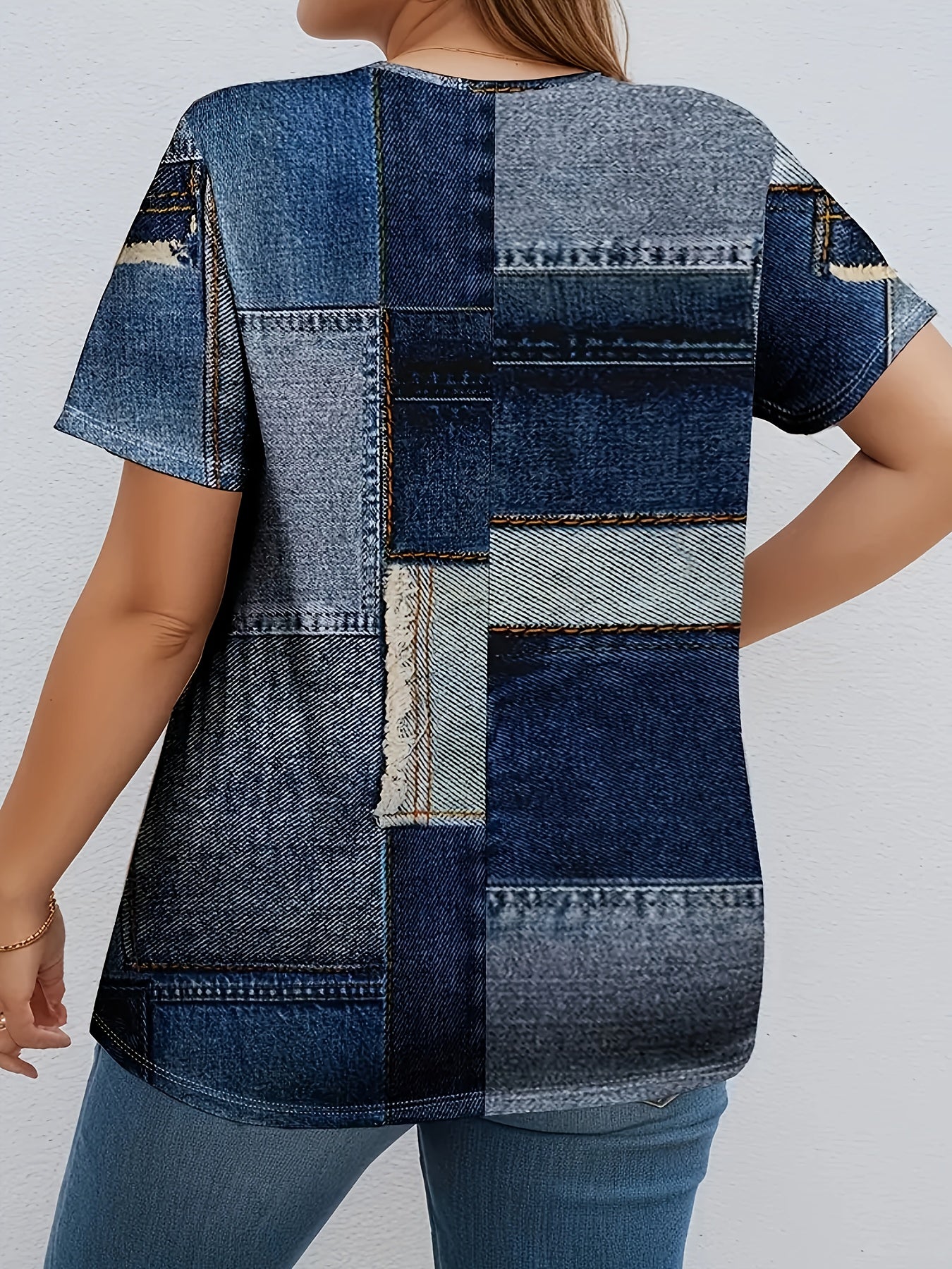 Plus Size V-Neck Printed Blouse Polyester Blend Slight Stretch Casual Top