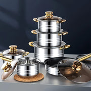 Stainless Steel Cookware Set 12 Pieces Non-Stick Brushed Finish Kitchen Pots Pans