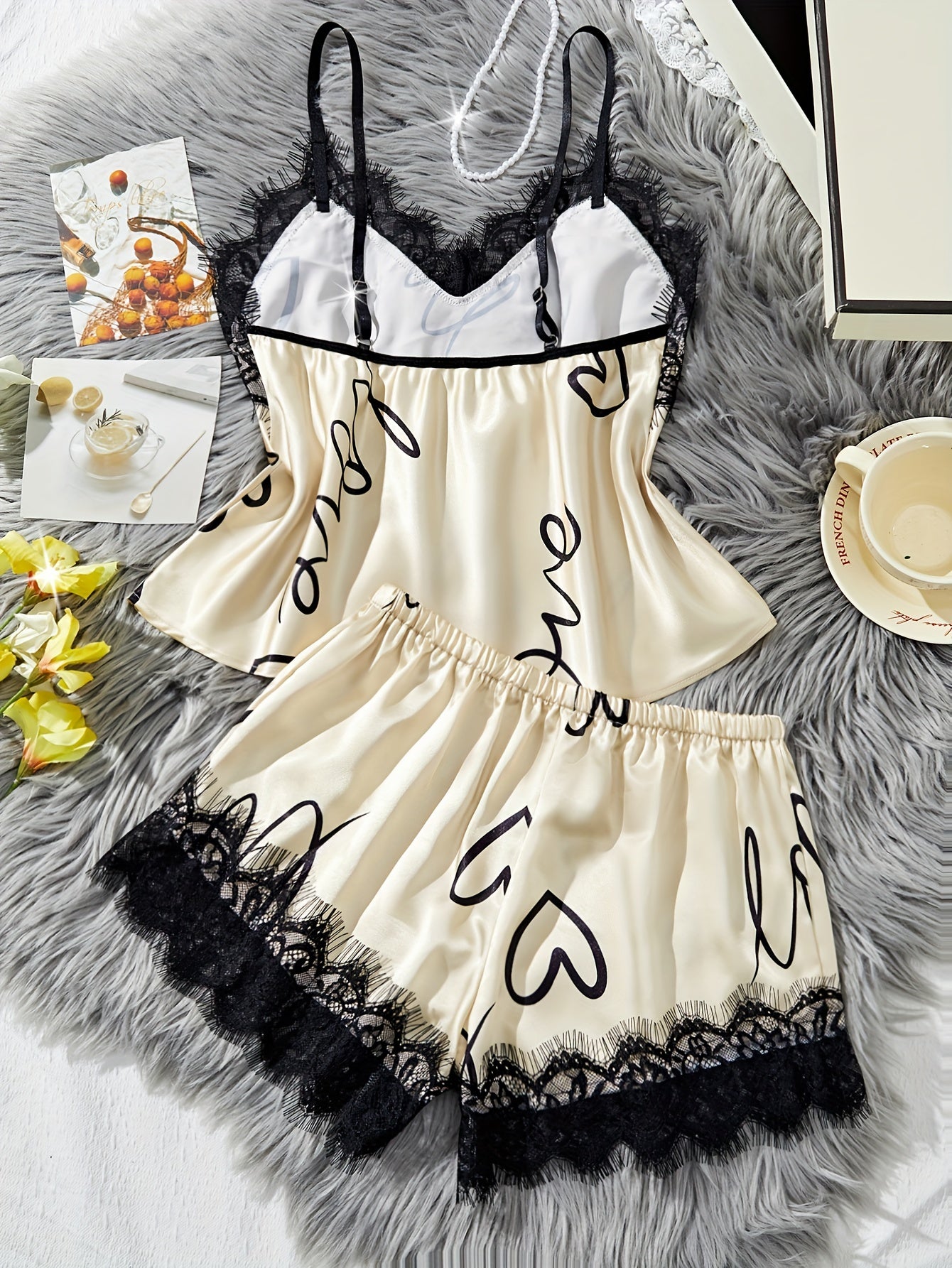 Women's Lace Letter Print Pajama Set with Spaghetti Strap Top and Bow-Decorated Shorts
