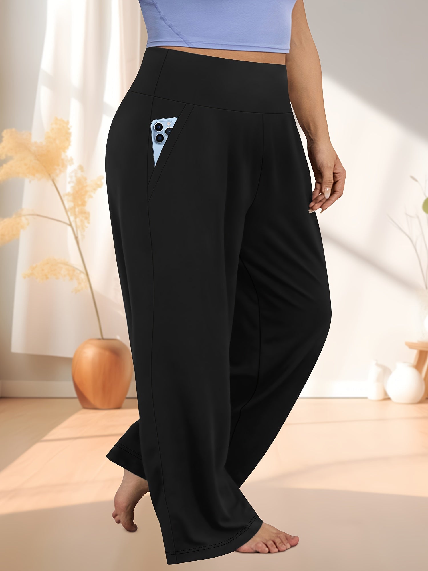 Plus Size High Waist Wide Leg Pants Knit Polyester Casual All-Season