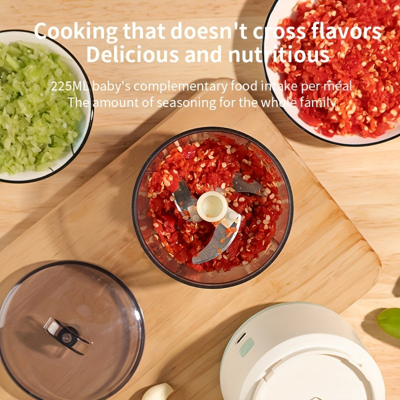 3-in-1 Elektr oziq-ovqat protsessori USB bilan qayta zaryadlanadigan 1400 RPM oshxona maydalagichi maydalagich bo'laklagichi