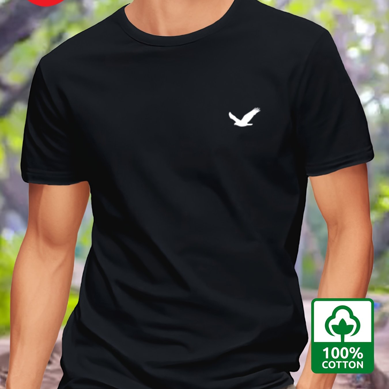 Men's Cotton T-Shirt with Bird Print Regular Fit Round Neck Short Sleeve