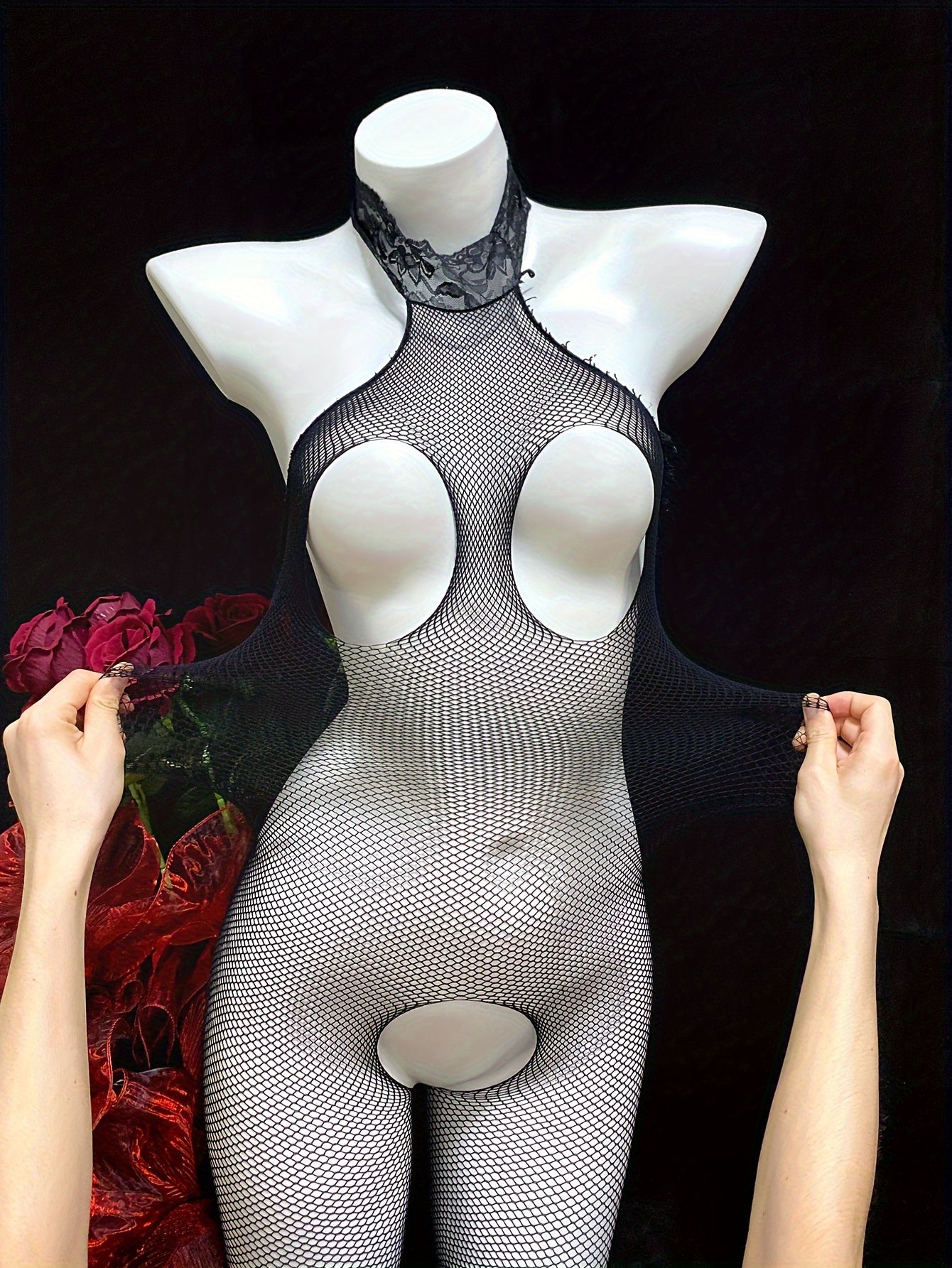 Women's Mesh Bodystocking with Halter Neck Open Bust and Crotch