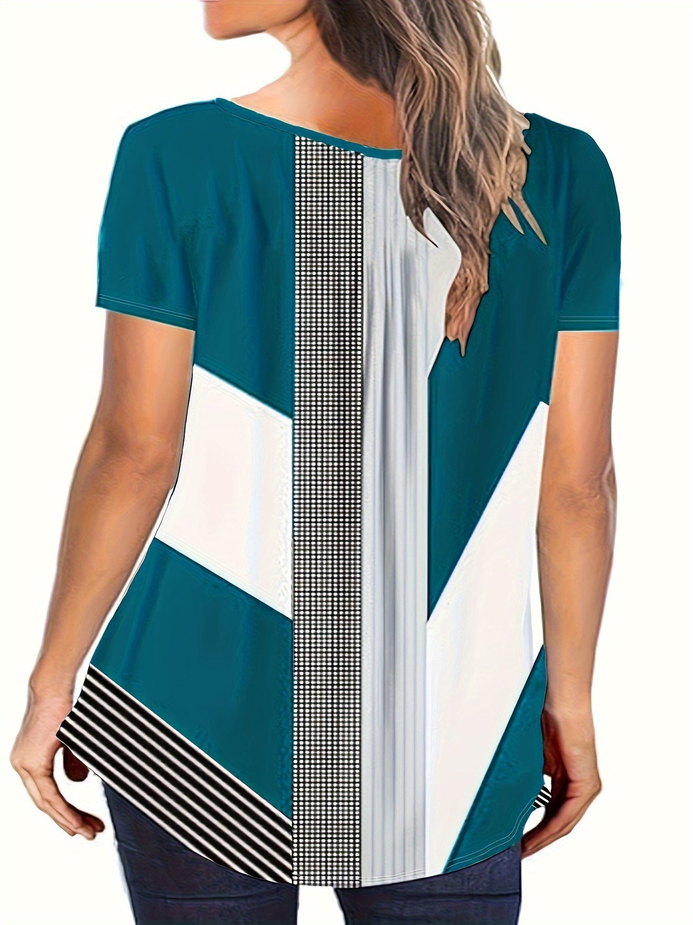 Plus o'lchamdagi kundalik T-shirt ayollar uchun rang-barang nuqta chiziqli qisqa ko'ylakli, dumaloq bo'yinli