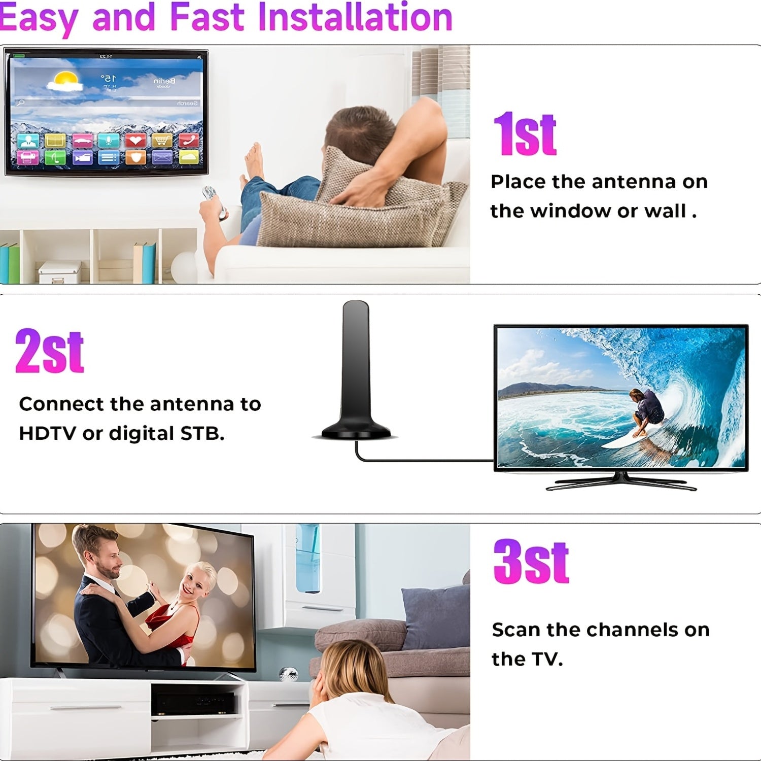 2025 yilda chiqarilgan ichki raqamli TV antennasi. 4K Full HD ni qo'llab-quvvatlaydi, USB orqali quvvatlanadi, 3.05m koaksial kabel kiritilgan. 5V kuchlanishda ishlaydi, aqlli va eski televizorlar bilan mos keladi. Zaryadlash talab qilinmaydi.