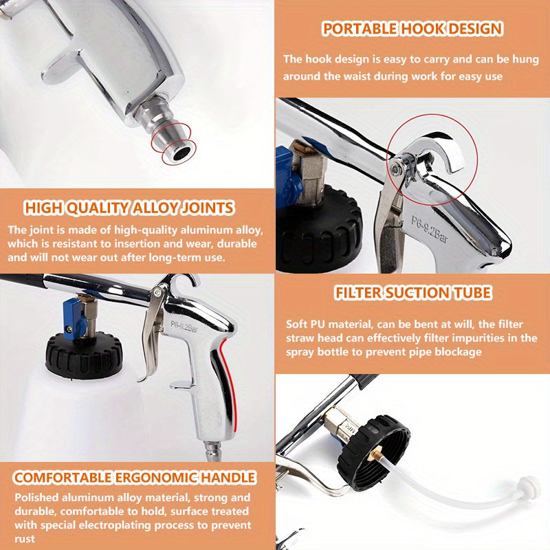 Avtomobil ichki qismi va dvigatel bo'limini samarali changdan tozalash va chuqur tozalash uchun universal moslashuvchan pnevmatik avtomobil yuvish quroli. AQSh/EU turidagi purkagich bilan ideal avtomobil detallash vositasi.