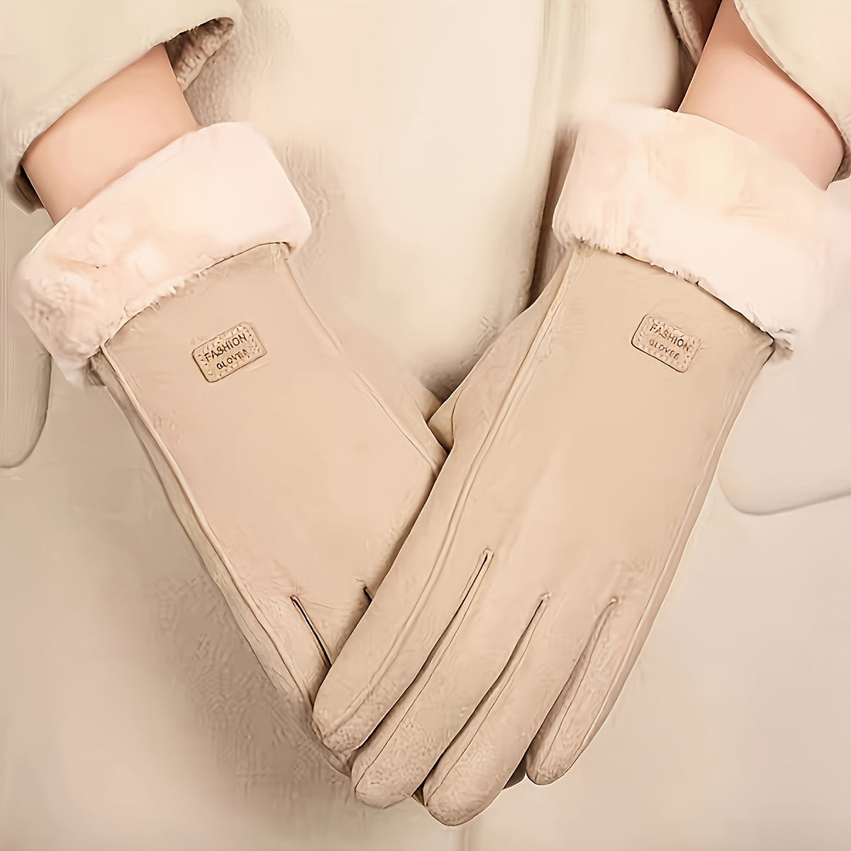 Women's Beige Touchscreen Gloves with Plush Lining and Full Finger Design