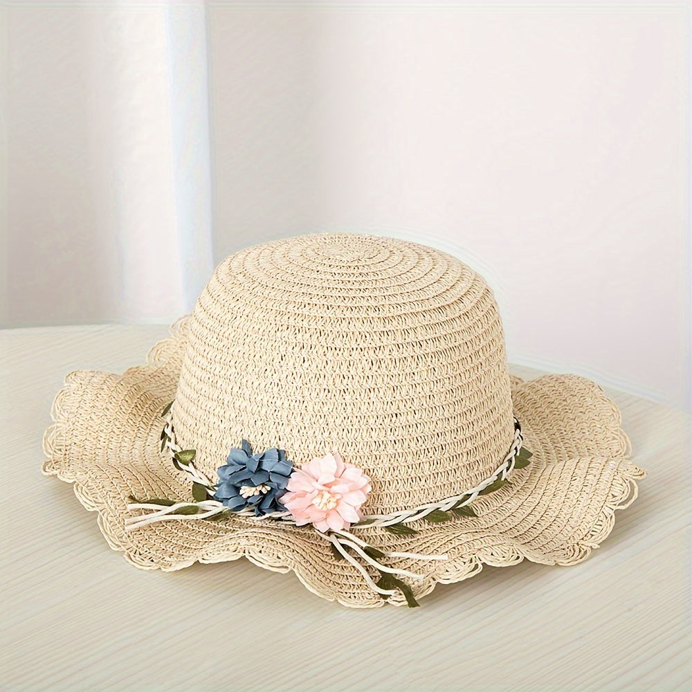 Girls' Straw Hat Set with Flower Decoration and UV Protection for Summer Beach Vacation
