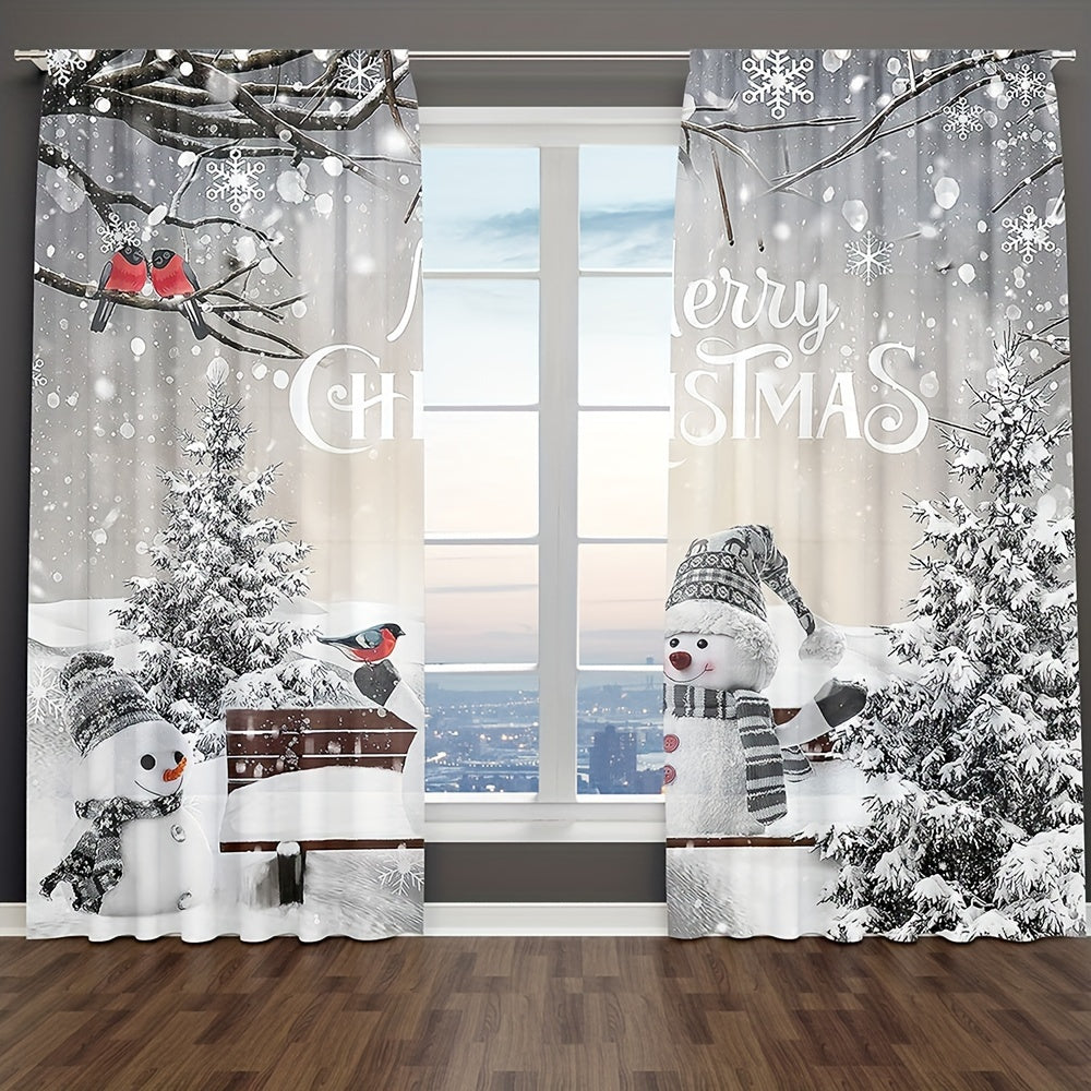 Christmas Curtains Set Snowman Pine Tree Semi-Sheer Polyester Easy Hang
