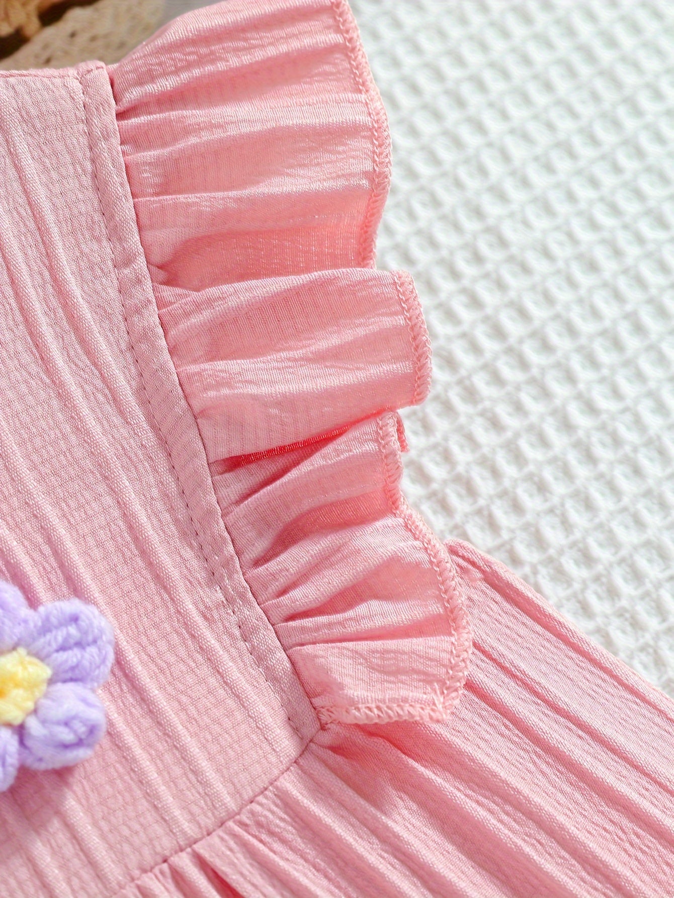 Girls' Light Blue Summer Dress with 3D Floral Embellishments Ruffle Sleeves Knee Length