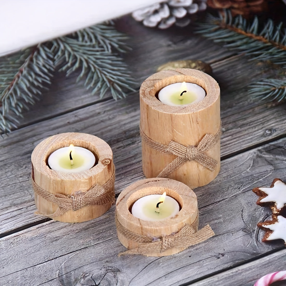 Set of 3 Handmade Wooden Candle Holders for Holiday Decor and Dinners