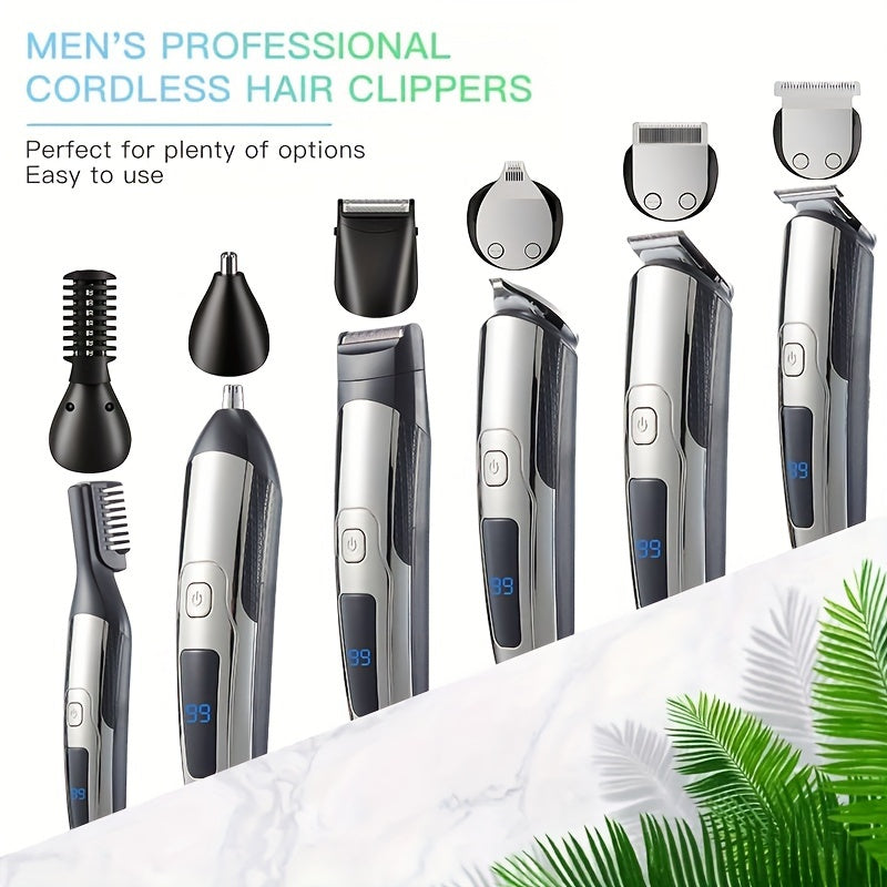 Adjustable 6-in-1 Electric Hair Trimmer Set with USB Charging LCD Display for Beard Body Nose Ears Face