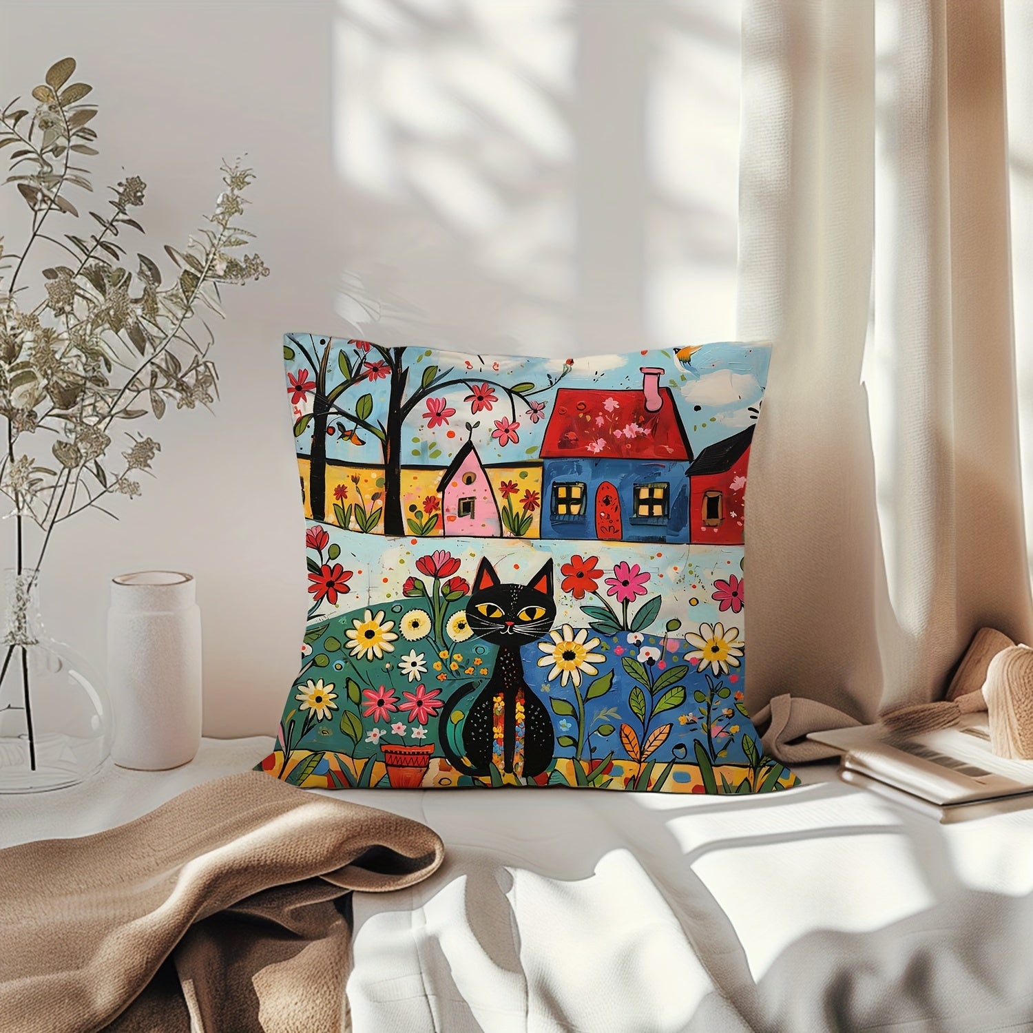 Black Cat Throw Pillow Cover Sun and Flowers Design 29.97x50.04cm or 44.96cm Square Farmhouse Decor