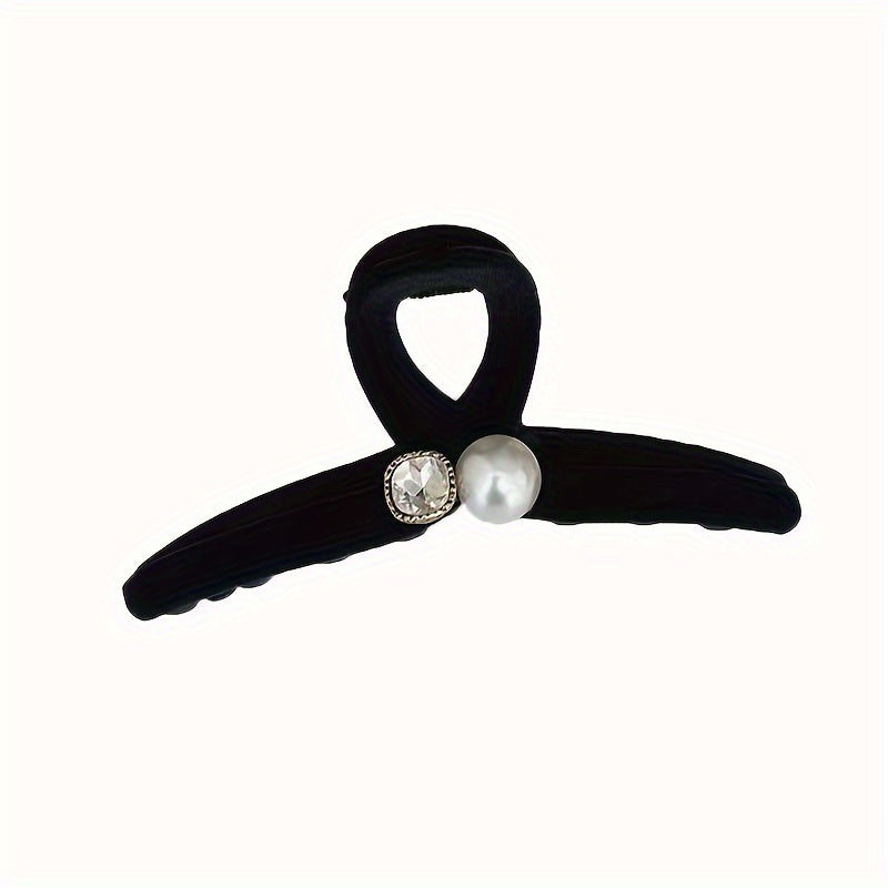 Large Velvet Pearl Hair Claw Clip with Crystals and Ribbon Bow for Women