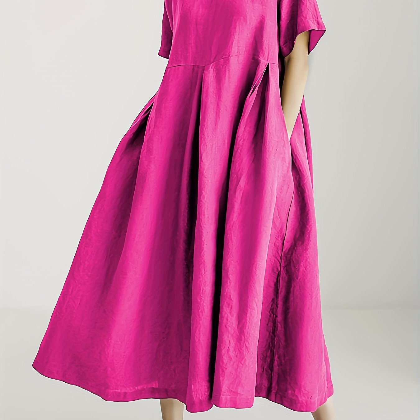 Women's Linen Blend Midi Dress with Oversized Flowy Skirt Short Sleeve Spring Summer