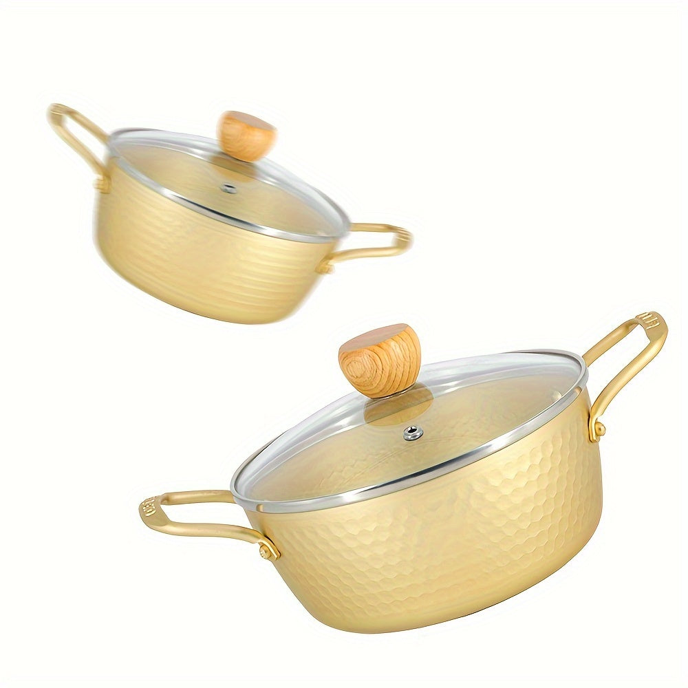 Olla de aluminio para ramen con tapa de vidrio compatible con inducción para sopas y fideos instantáneos