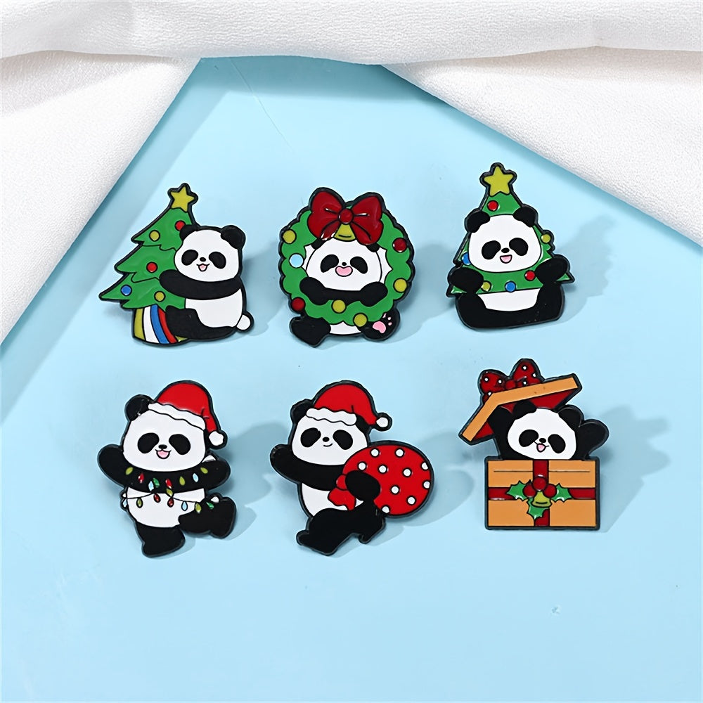 6 ta Cartoon Panda Enamel Pins to'plami, Rojdestvo ta'tili uchun dekorativ yelka belgilari, sumkalar va kiyimlar uchun