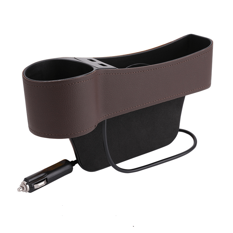 Organizador de asientos de coche con caja de almacenamiento y cargador USB dual, portavasos y vaso de agua