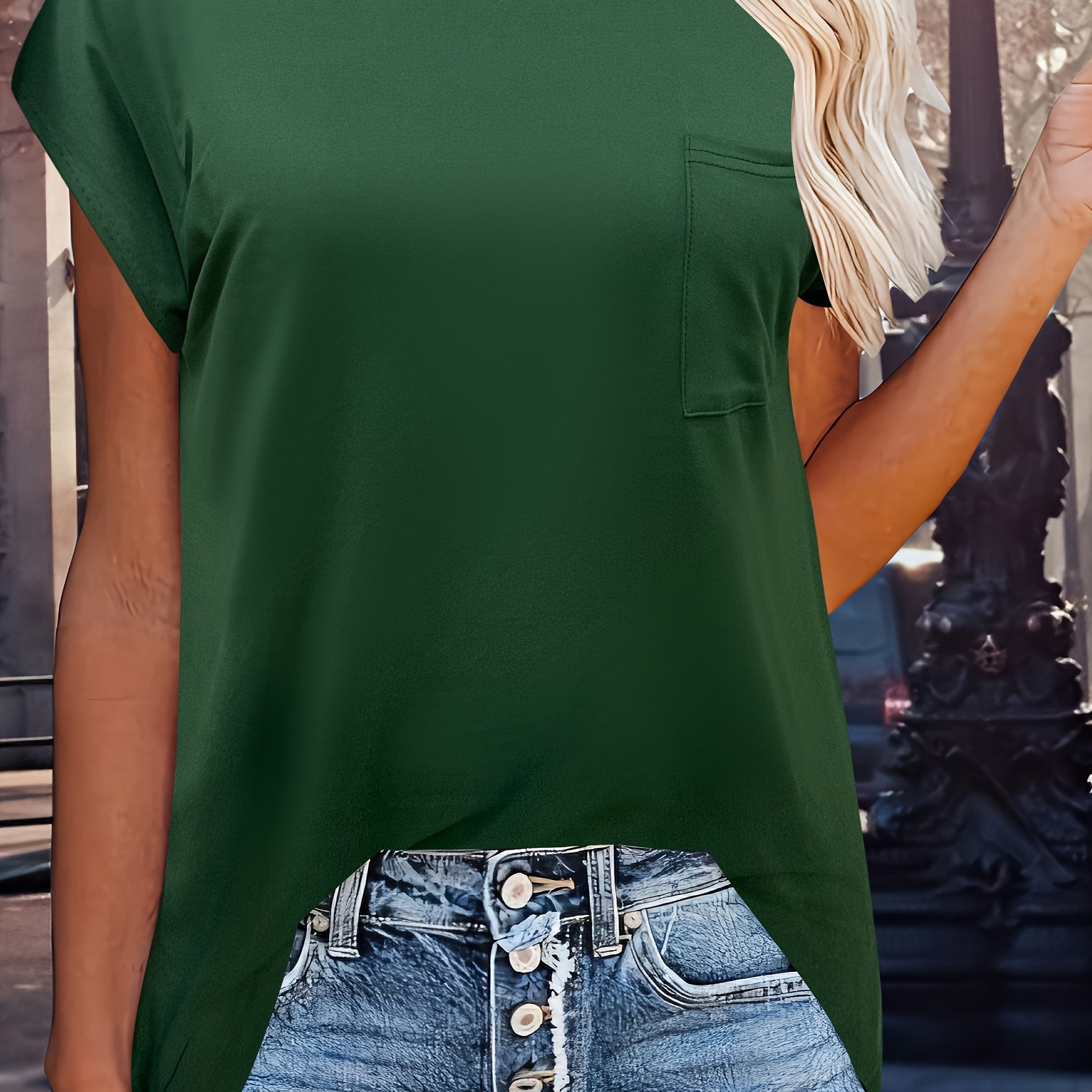 Plus o'lchamli ayollar uchun qisqa sleeve top, cho'ntaklar bilan, kundalik shik va to'liq rang