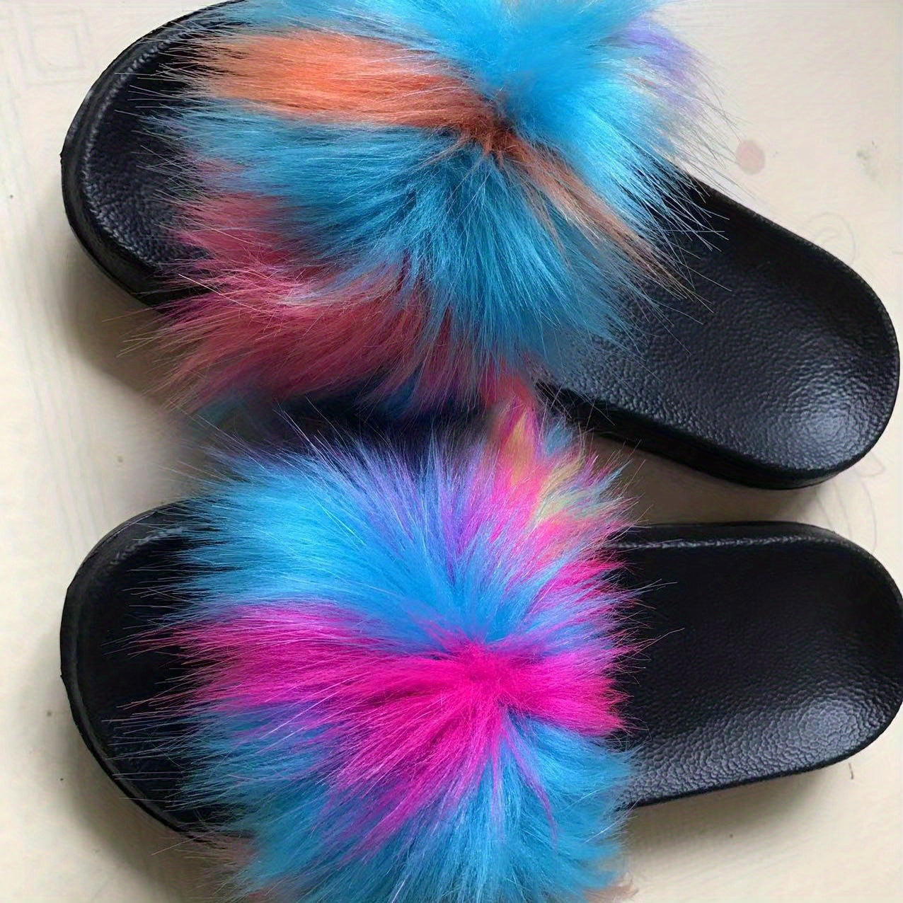 Women's Faux Fur Slip-On Sandals Open-Toe Flat Summer Casual Wide Width