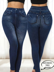 Adult Faux Denim Jeggings with Elastic Waistband and Micro Elasticity