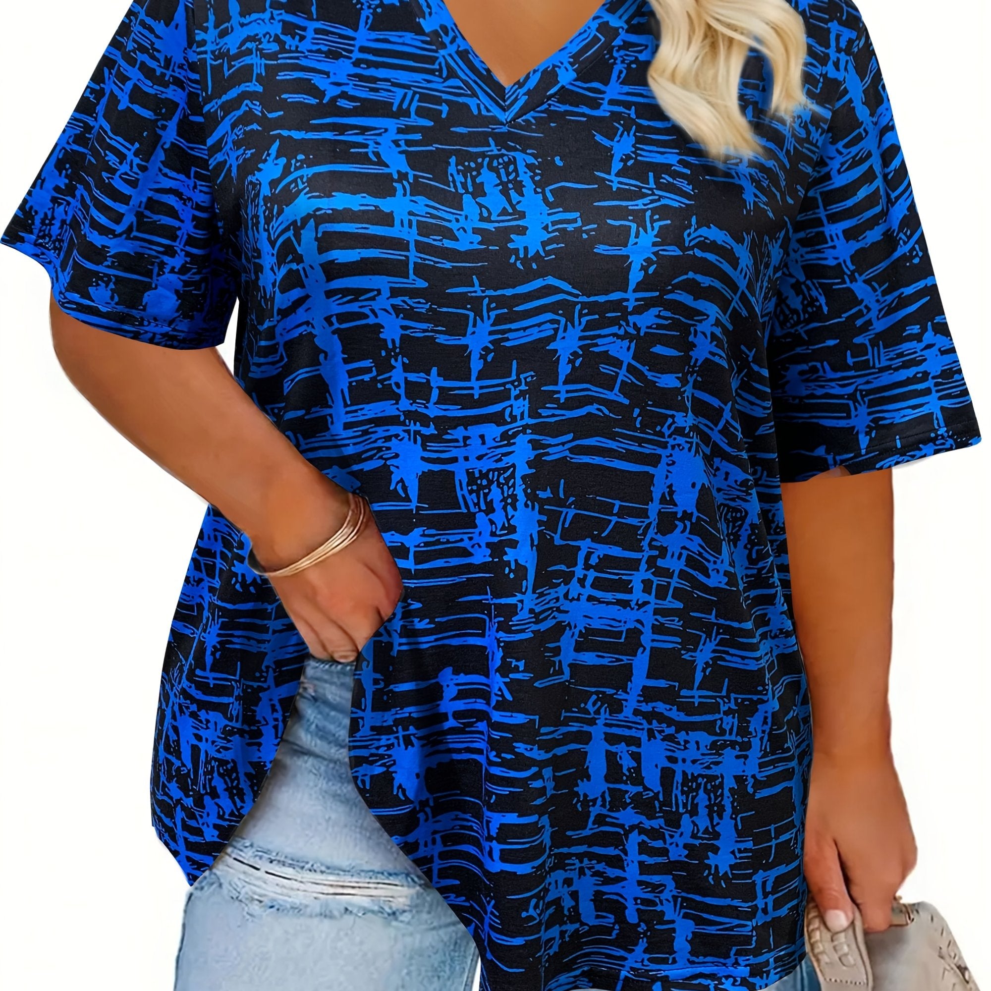 Plus Size Black and White Abstract Print V-Neck T-Shirt for Women Short Sleeve Casual Spring Summer