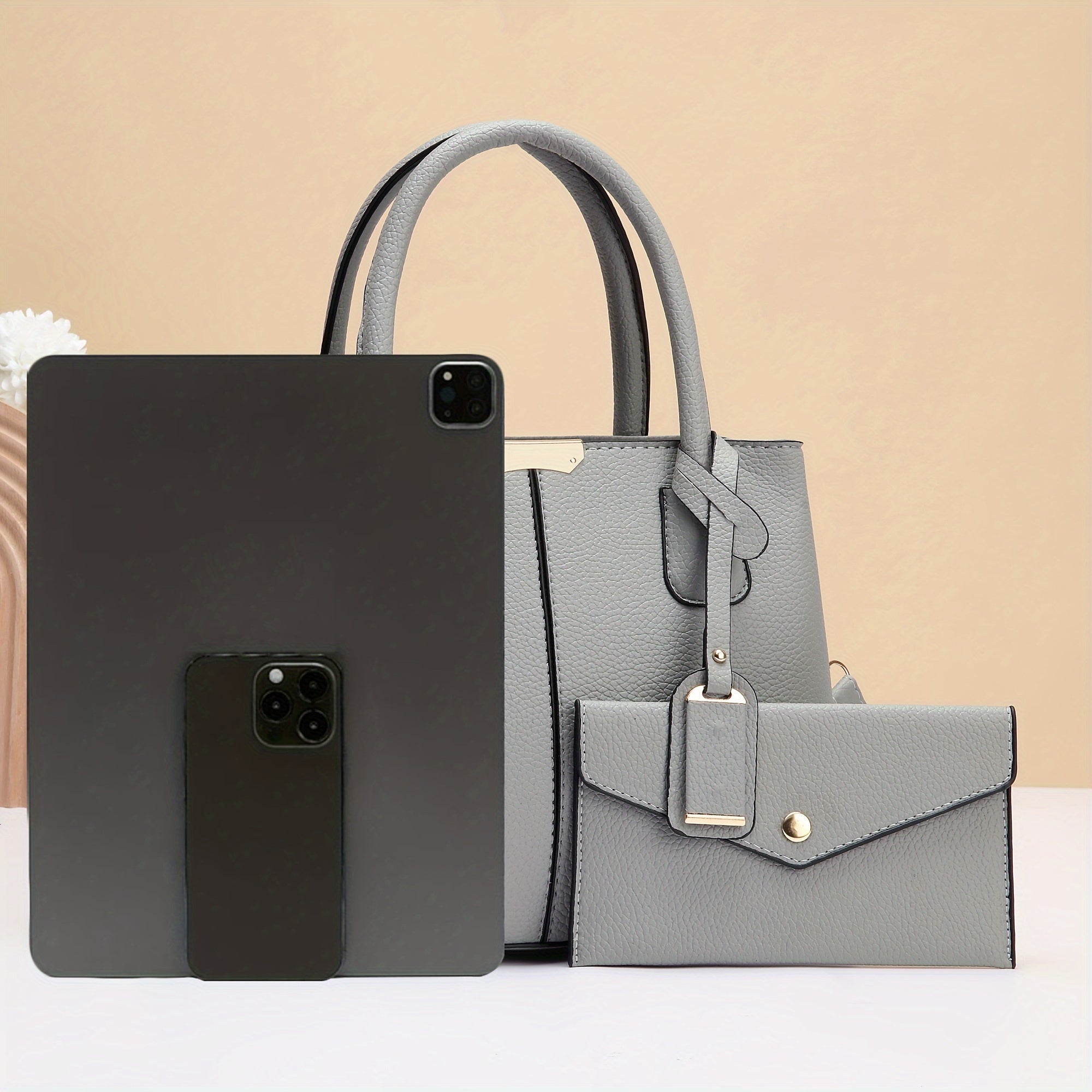 Quilted PU Tote Bag with Removable Strap and Wallet for Women