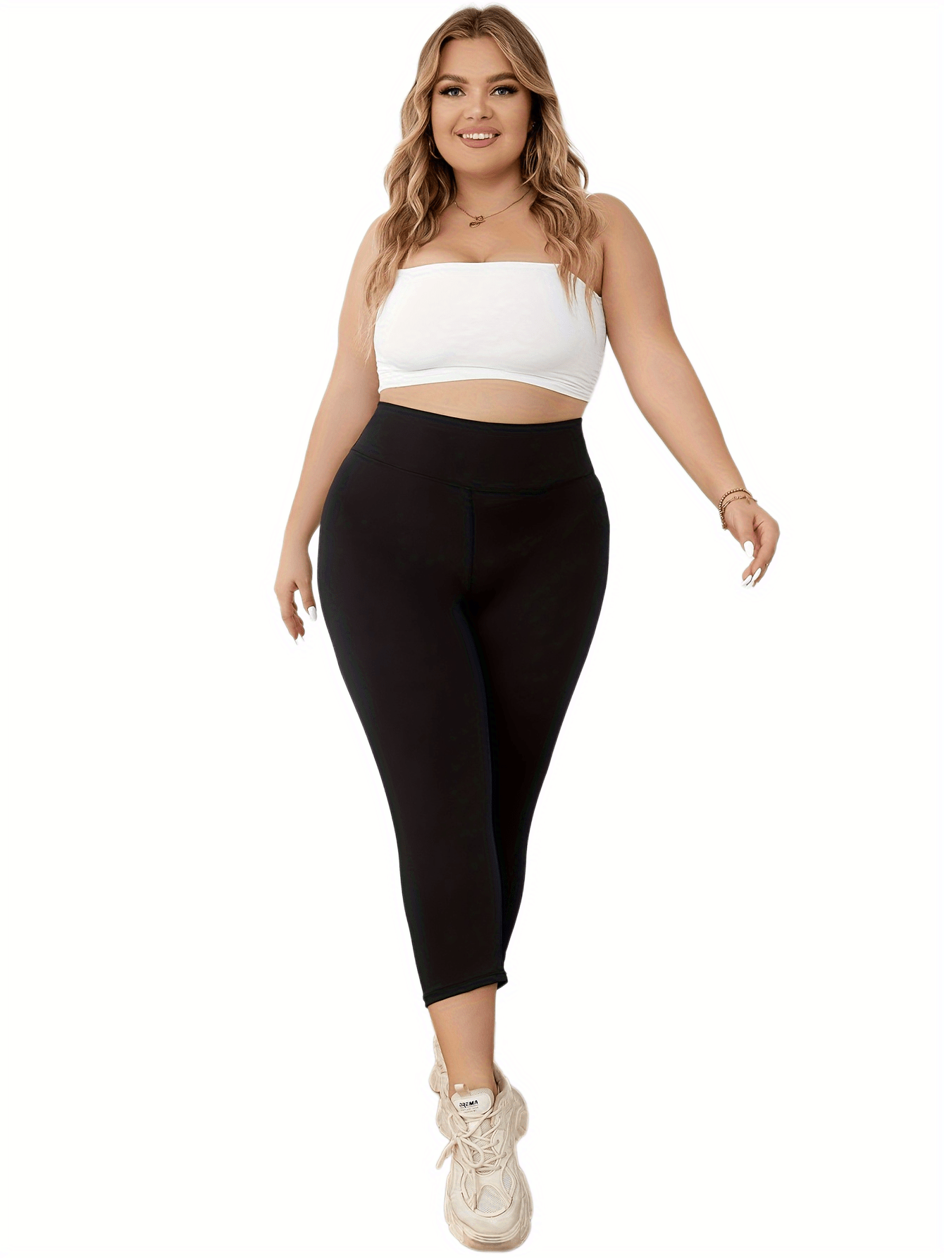 Plus Size Women Capri Leggings High Stretch Solid Color 3/4 Length Yoga Pants