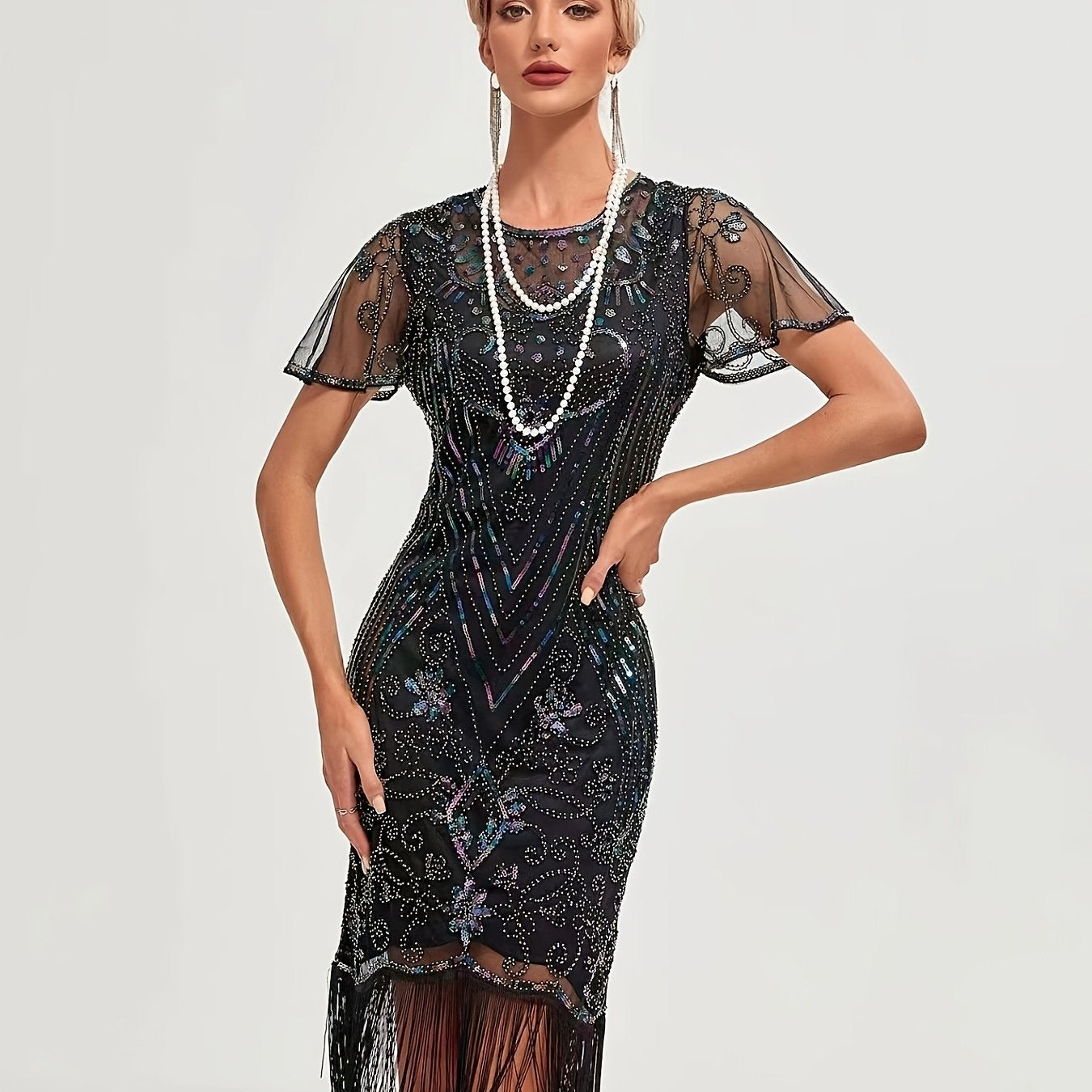 Women's 1920s Sequin Flapper Dress Beaded Embroidery Fringe Party Gown