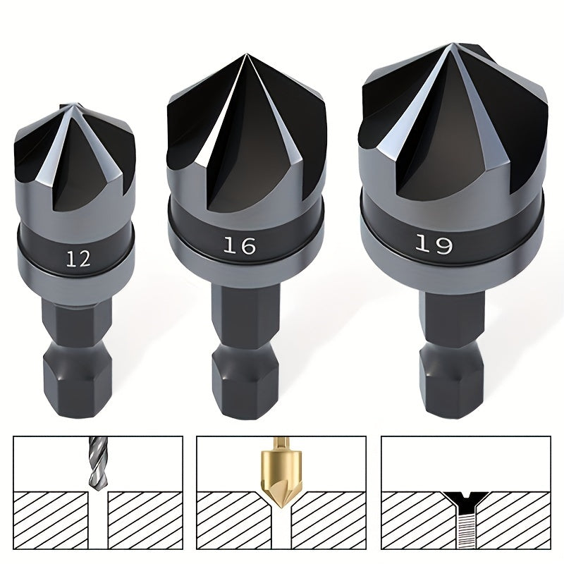 3Pcs Countersink Drill Bits Set, 90° Chamfer For Wood Plastic Aluminum