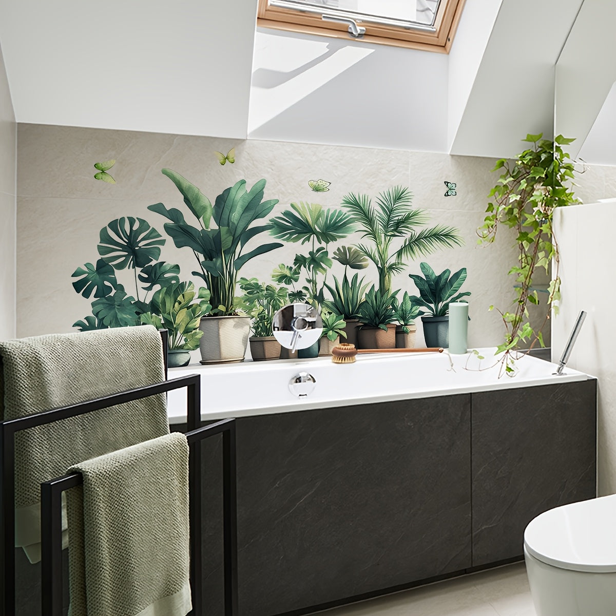 Adhesivo de pared con motivos de vegetación y mariposas para decoración de baño 30x90cm