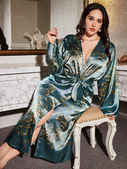 Plus Size Floral Print Night Robe for Women Long Sleeve V-Neck Polyester Fall Winter Loungewear