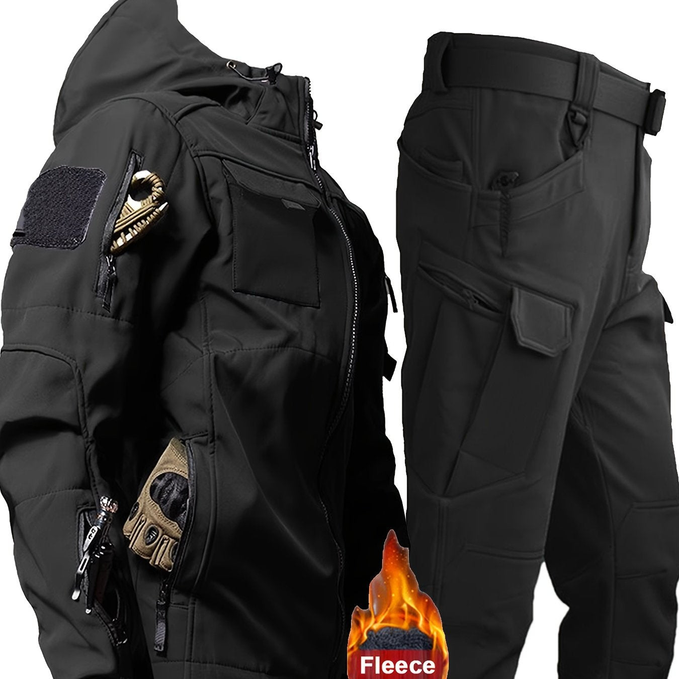 Men's Outdoor Sports Suit Hooded Soft Shell Jacket and Work Pants for Autumn Winter