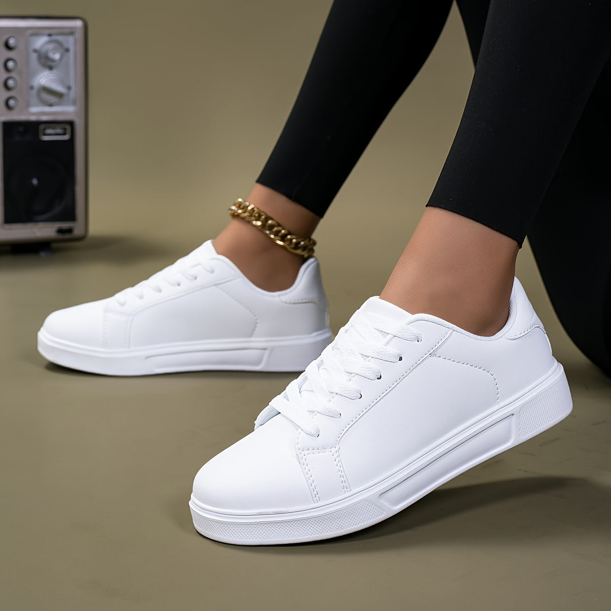 Women's White Breathable Flat Bottom Sneakers for Fitness and Casual Wear