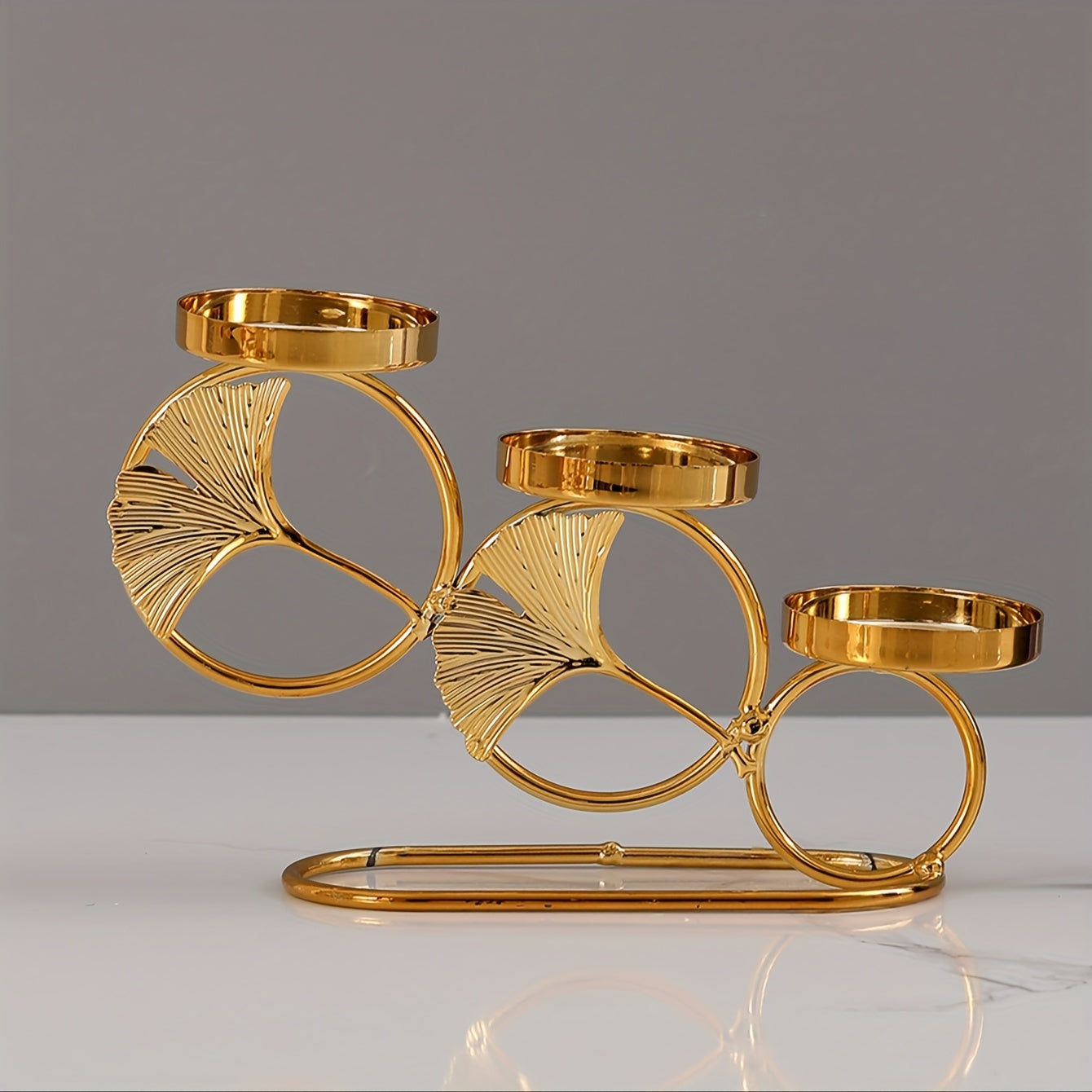 Ginkgo Leaf Candle Holder with Three Gold Cups for Romantic Decor and Weddings