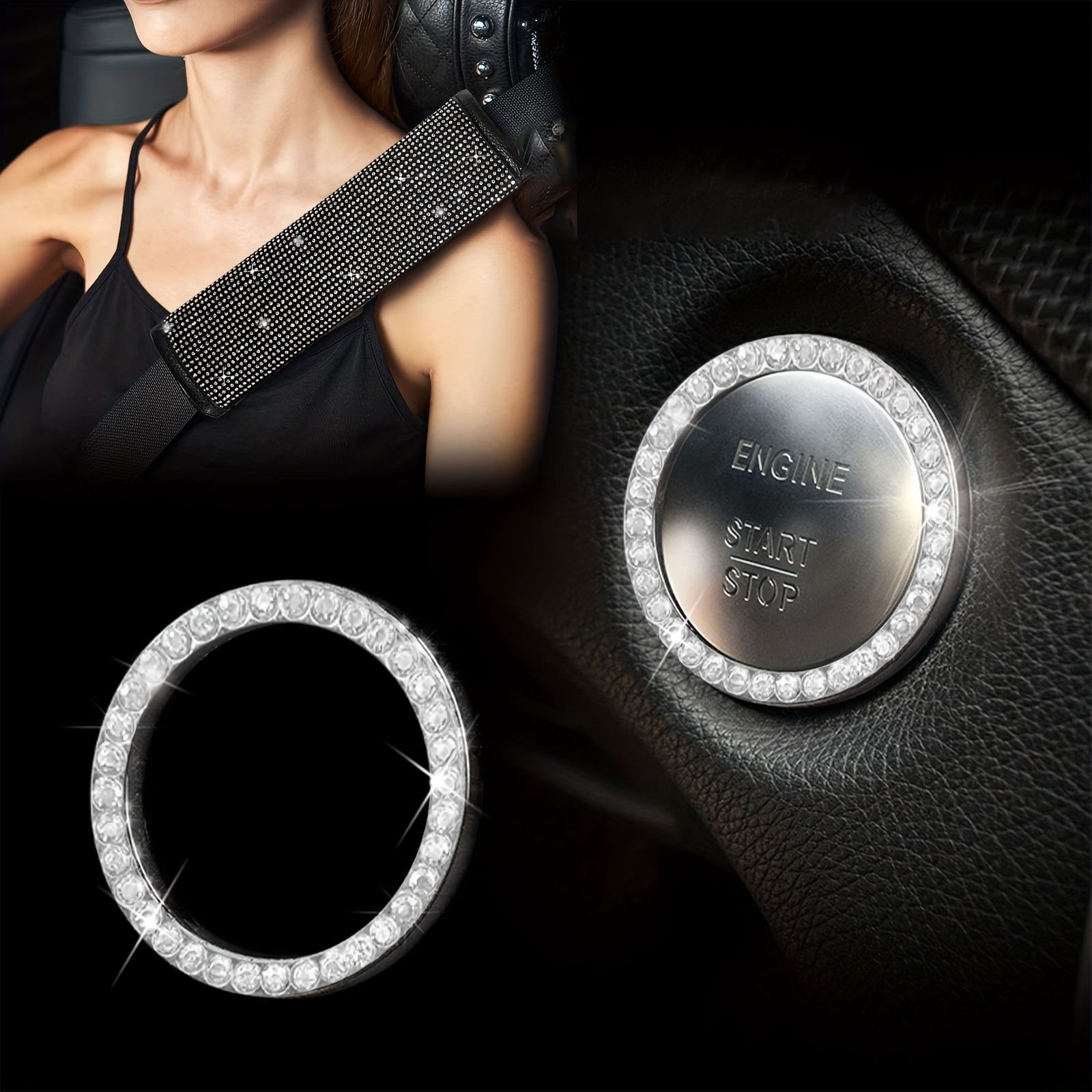 Juego de accesorios de coche con brillo para mujer: cubierta de volante, posavasos, protectores de cinturón, almohadillas para el hombro y cubierta de palanca de cambios