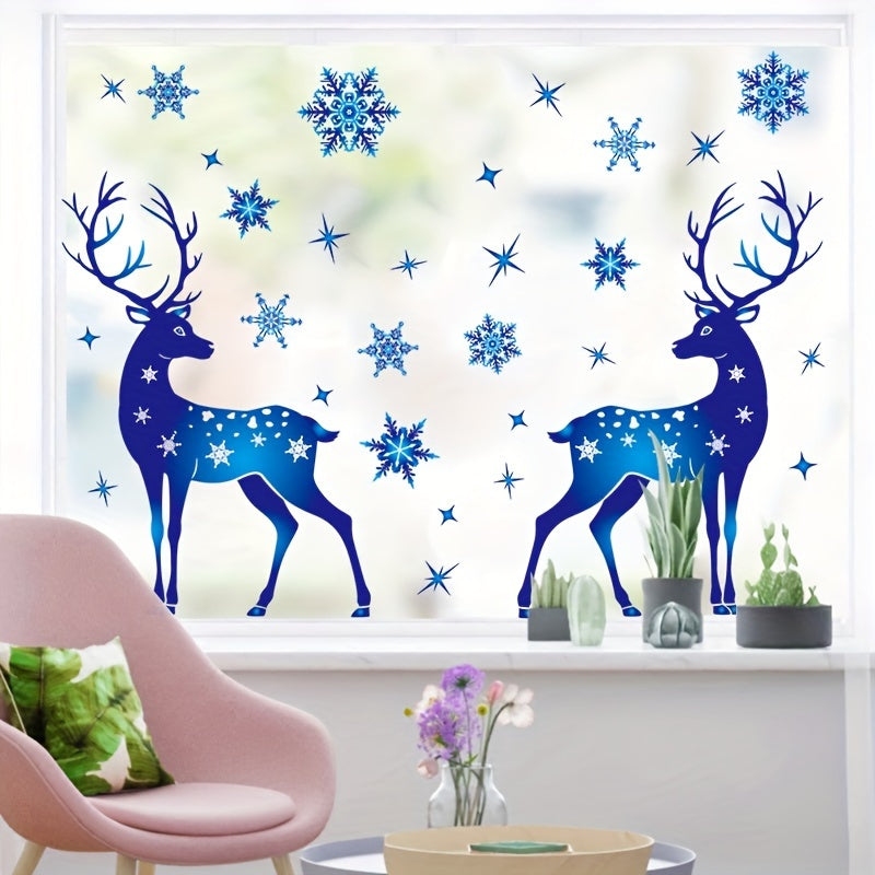 30 Pieces Blue Reindeer Snowflakes Static Cling Window Decals Holiday Decor
