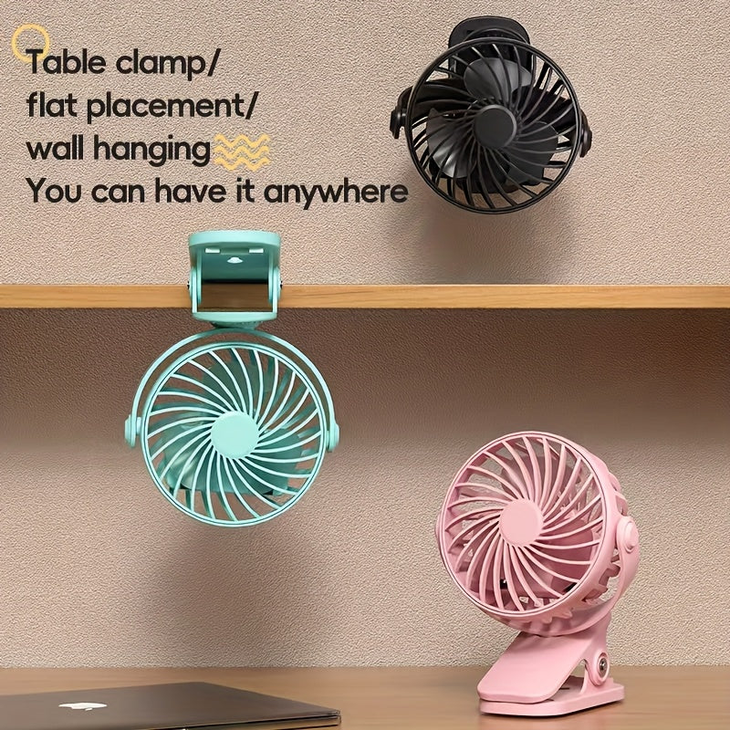 Ko‘p rangli ABS materialidan tayyorlangan portativ Mini USB fan, qayta zaryadlanadigan 500mAh litiy batareyali, ko‘p funksiyali klamp va stol uchun turadigan. Bolalar aravachalari, yotoqxona va ofislar uchun ideal. Tinch ishlash bilan
