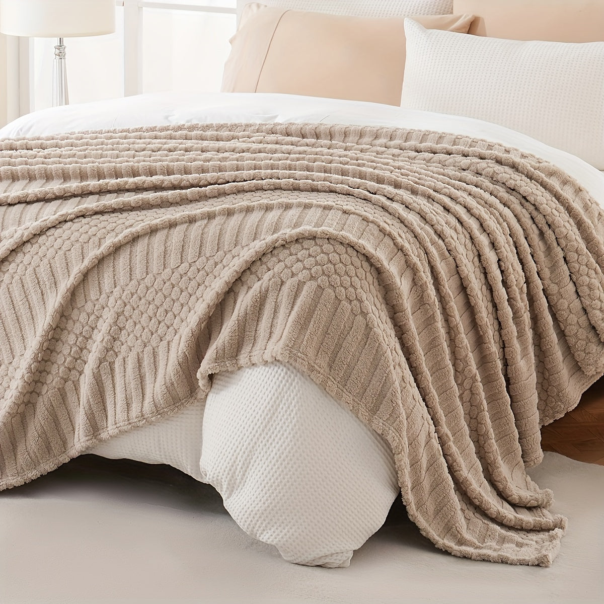 Soft Apricot Taffeta Throw Blanket with Jacquard Dot Stripe for Cold Seasons