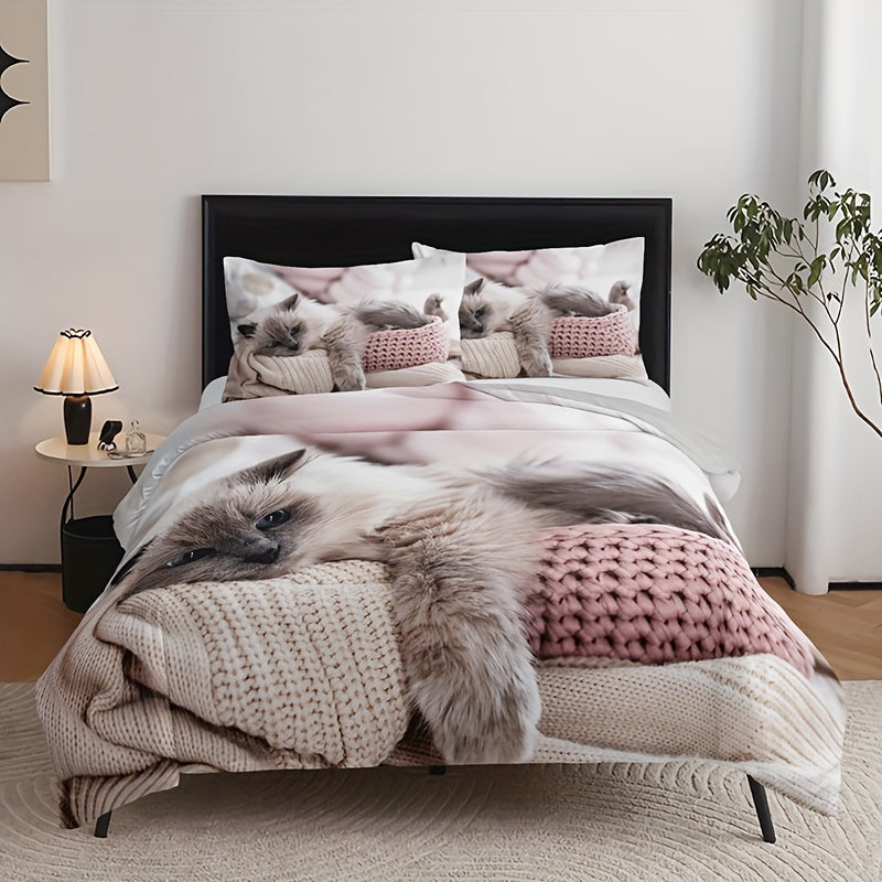 Polyester Duvet Cover Set with 3 Pieces 1 Duvet Cover 2 Pillowcases All Season Cat Print Bedding