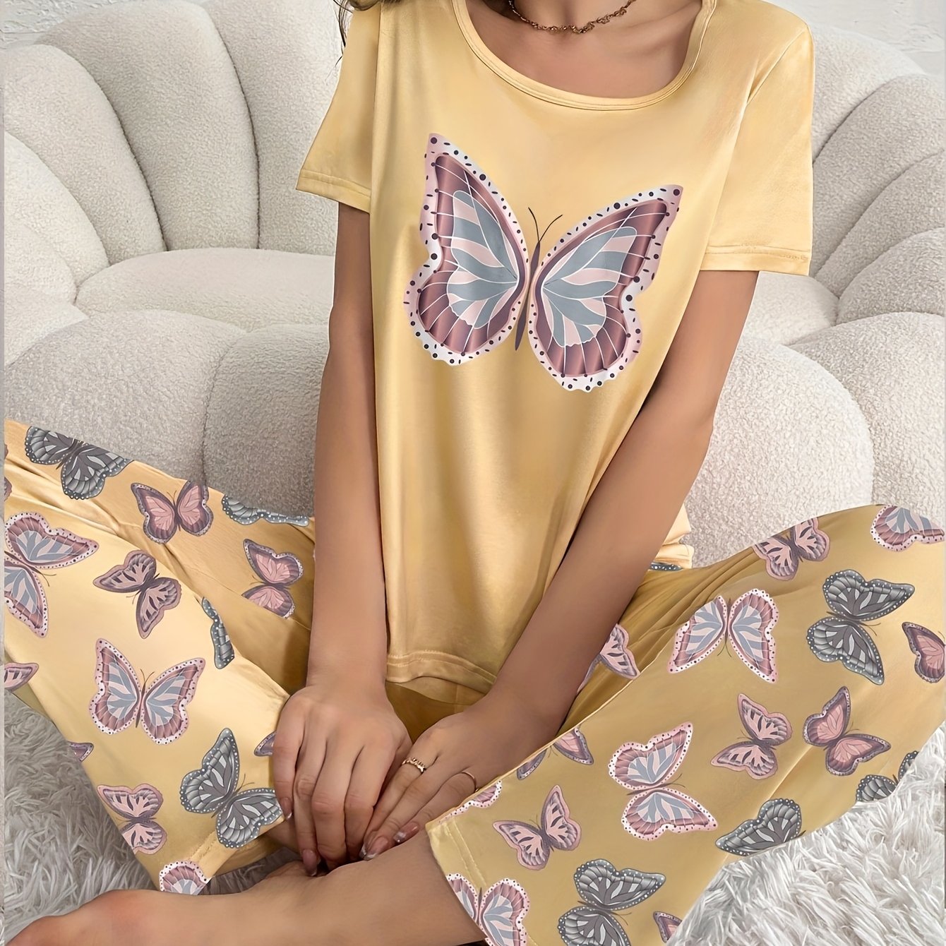 Conjunto de pijama de mariposa para mujer, poliéster, de punto, para todas las estaciones, ropa de dormir para adultos
