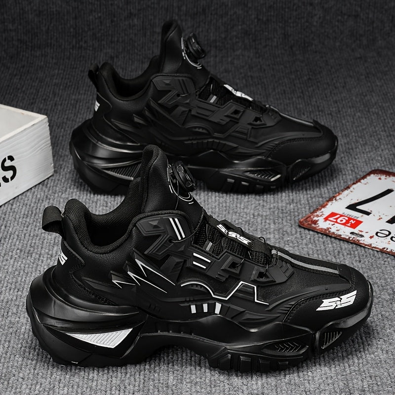 Men's Black Chunky Sneakers with Rotating Buckle Anti-Slip Breathable Fabric for Sports Outdoor